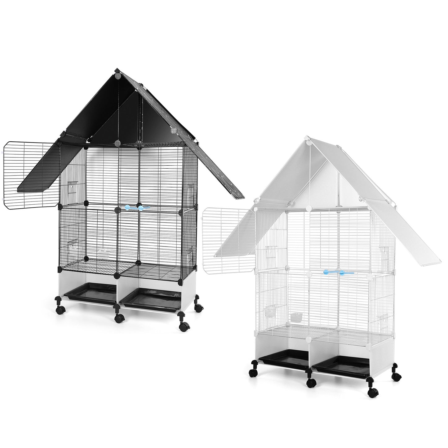 2 Tier Rolling Bird Cage Villa with Lockable Stand Sturdy Iron Construction White and Black Multi Level Design for Canaries Finches Budgies Lovebirds Parakeets and Cockatiels