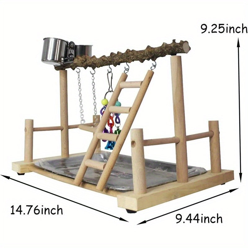 Natural Wood Parrot Playground Playstand with Ladder Swing Chew Toy and Feeder Cups Multi Level Bird Perch for Parakeets Cockatiels Lovebirds Conures and Finches Outdoor Indoor Recycled Wood Bird Gym Parrot Accessories
