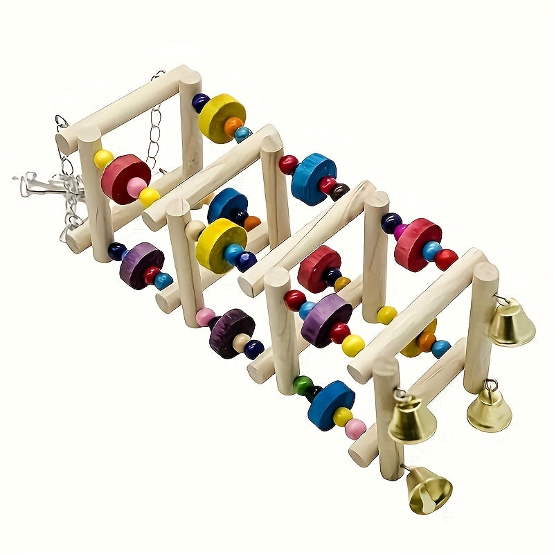 Bird Habitat Ladder Swing Toy Wooden Parrot Hammock Climbing Frame with Bell and Hanging Chain