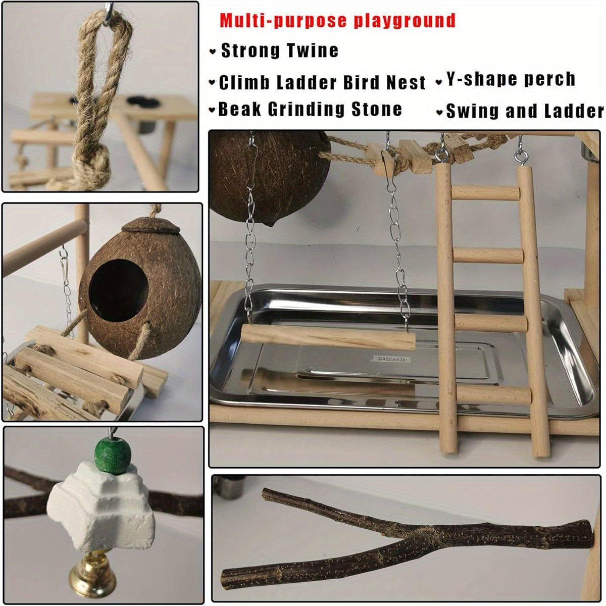Natural Wood Parrot Playground Activity Center with Ladder Hanging Swing Feeder Cups and Chew Toys Exercise Gym for Cockatiels Conures and Lovebirds Bird Perch Training Stand for Mental Stimulation and Physical Activity