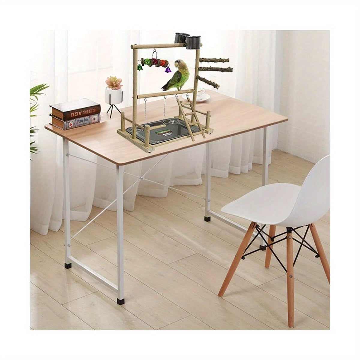 Bird Playground Parrot Perch Stand Toys Wood Play Gym Activity Center Exercise Playpen Ladder Swing with Feeder Cups Chewing Toy and Tray