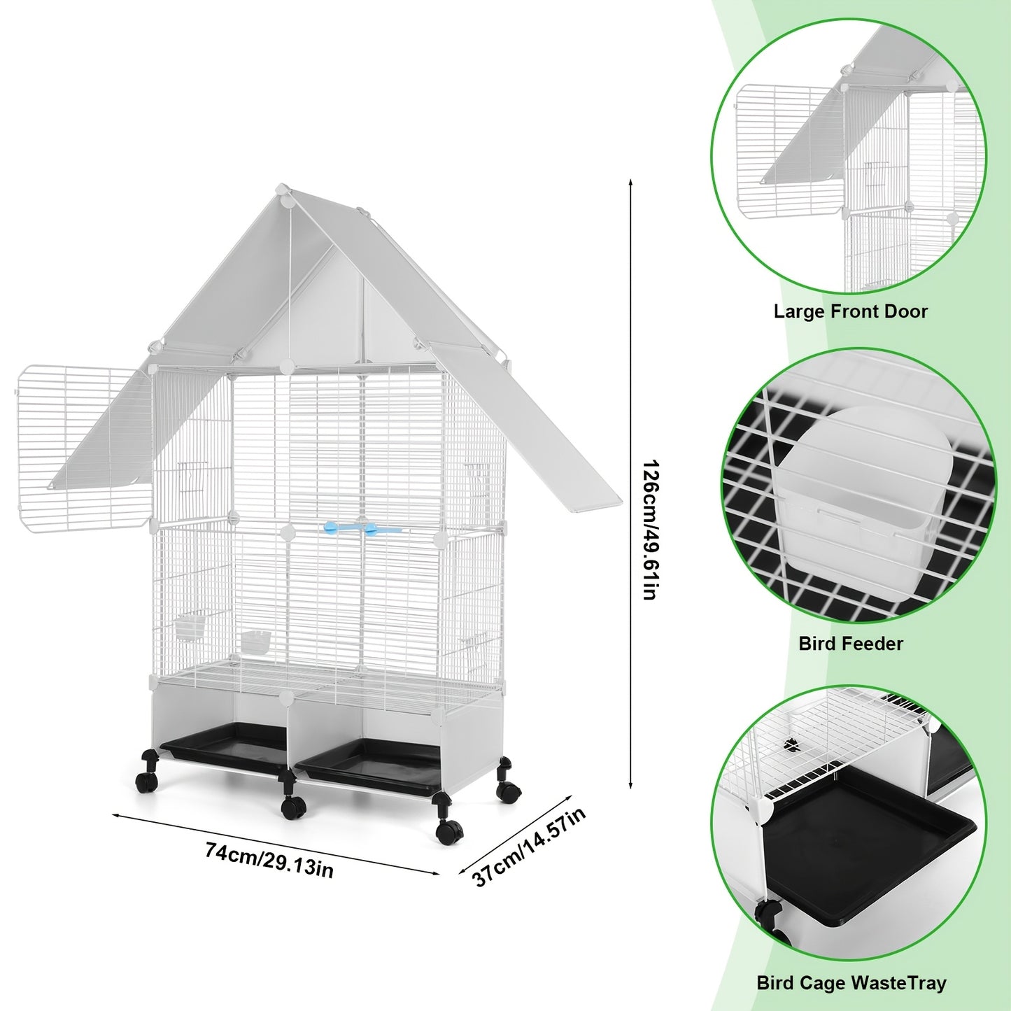 2 Tier Rolling Bird Cage Villa with Lockable Stand Sturdy Iron Construction White and Black Multi Level Design for Canaries Finches Budgies Lovebirds Parakeets and Cockatiels