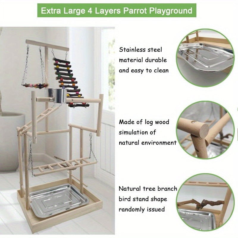 4-Tier Large Bird Playground 32" H Natural Wood Parrot Playstand