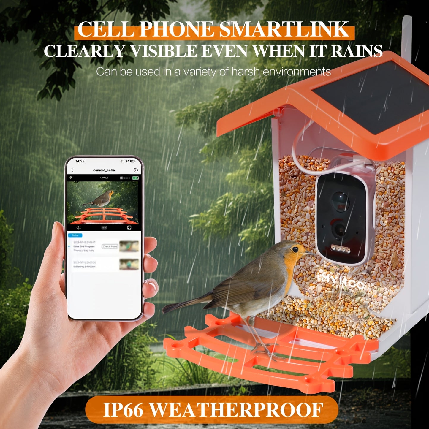 Camera Bird Feeder With AI Recognition Solar Panel Orange Smart Birdhouse For Bird Lovers Real Time Viewing Instant Alerts Connected App