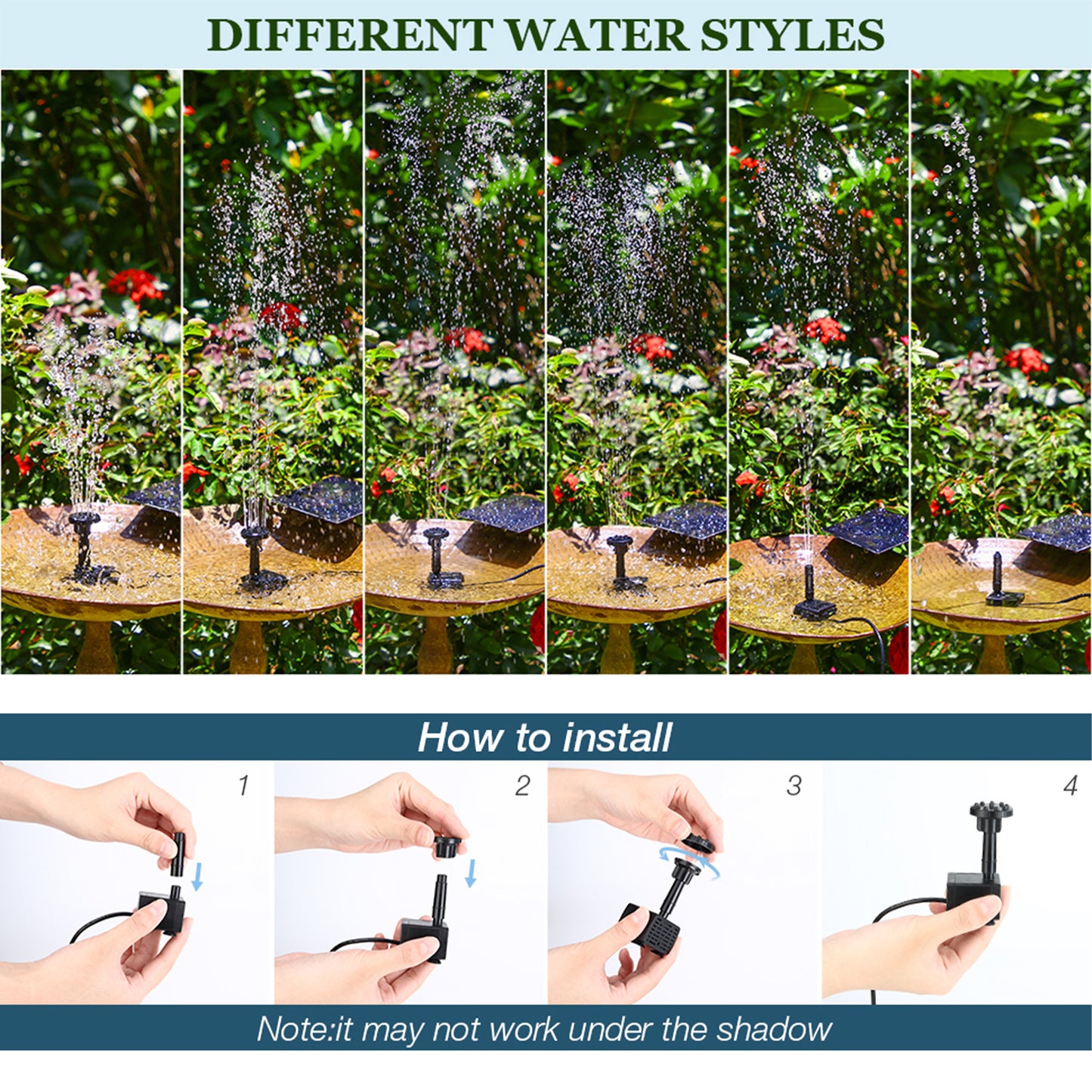 AISITIN 1.5W 2.5W 3.5W Solar Water Pump Kit Outdoor Solar Powered Fountain Pump with 6 Nozzles for Bird Bath Ponds Garden Fish Tank Eco-Friendly DIY Water Feature for Home and Backyard