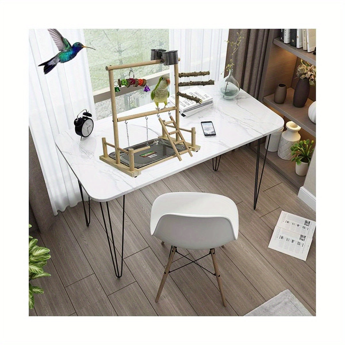 Bird Playground Parrot Perch Stand Toys Wood Play Gym Activity Center Exercise Playpen Ladder Swing with Feeder Cups Chewing Toy and Tray