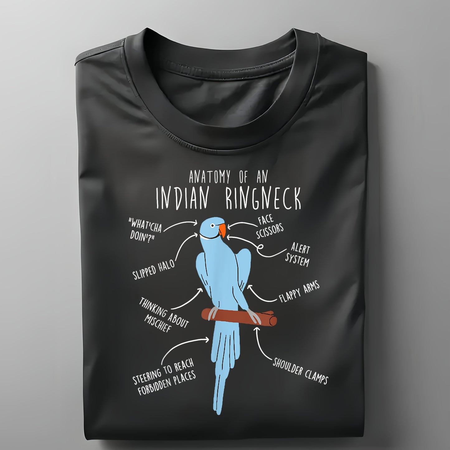 Indian Ringneck Parrot Anatomy Funny Cute Pet T-Shirt 100 Percent Cotton Round Neck Black Sizes S to XXXL Ideal Gift for Men and Women