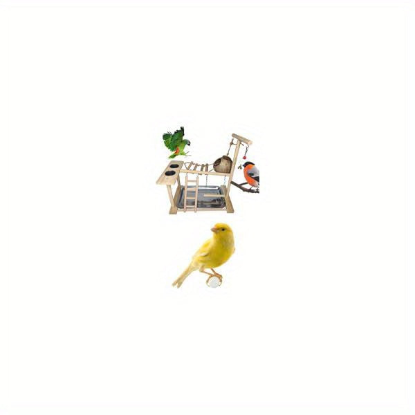 Natural Wood Parrot Playground Activity Center with Ladder Hanging Swing Feeder Cups and Chew Toys Exercise Gym for Cockatiels Conures and Lovebirds Bird Perch Training Stand for Mental Stimulation and Physical Activity