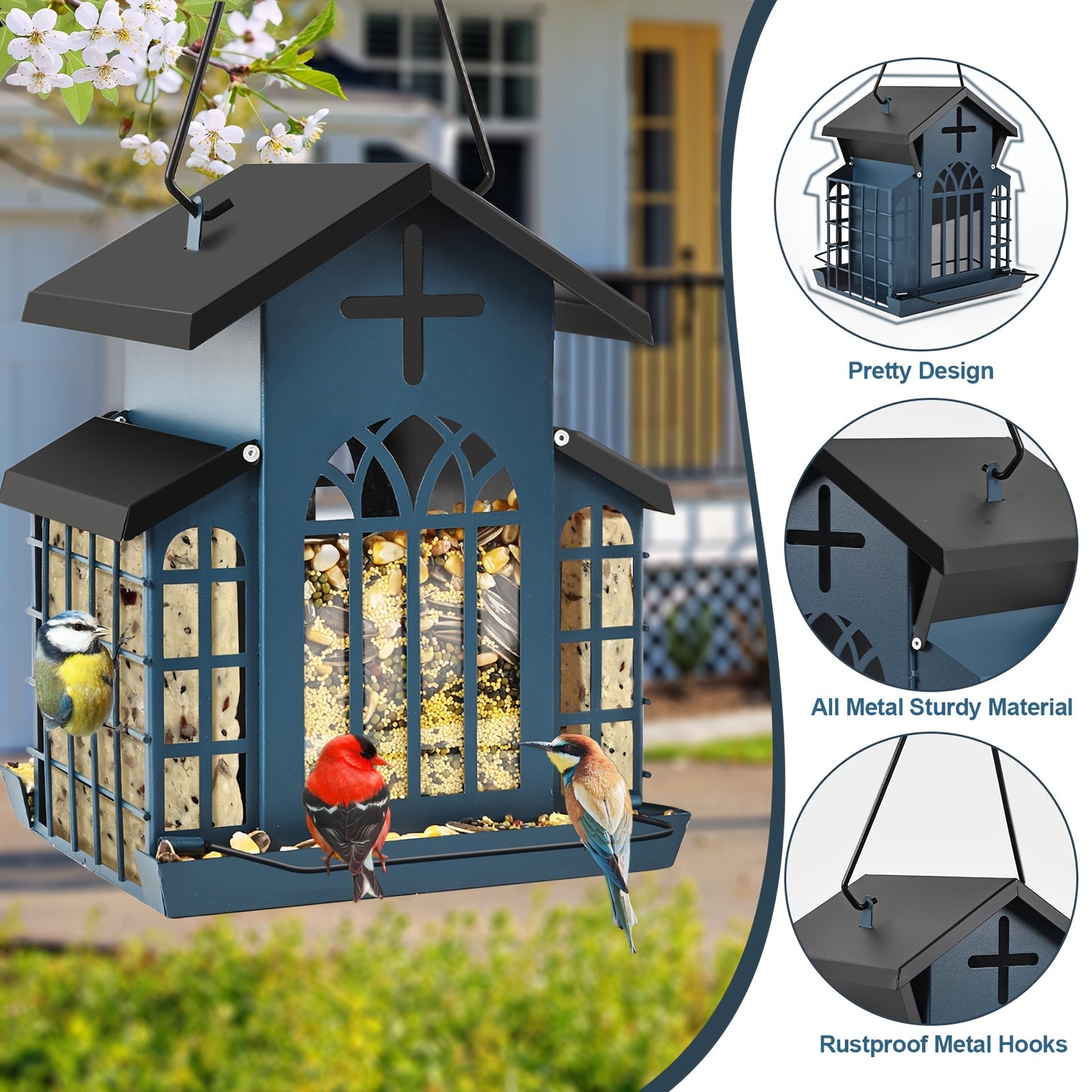 Metal Bird Feeder With 3 Mesh Side Cages Large Capacity Outdoor Hanging Feeder For Cardinals Finches Chickadees Durable Weather Resistant Design