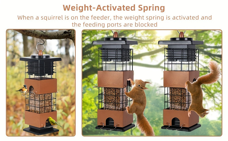Squirrel Proof Bird Feeder for Outdoors Large Capacity Metal Hanging Feeder with Weight Activated Design Weather Resistant Construction Easy Hang Chains for Wild Birds