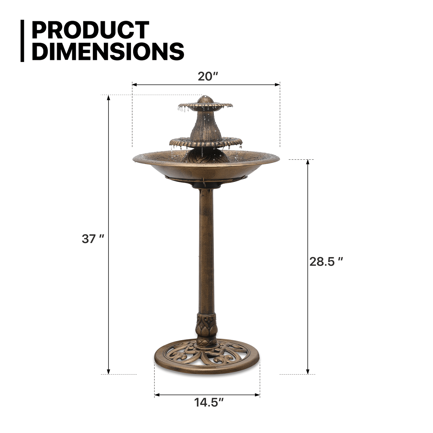 37 Inch Tiered Bird Bath Fountain Outdoor Pedestal Feature 5 Liter Capacity Weather Resistant Garden Decor for Patio Deck and Backyard