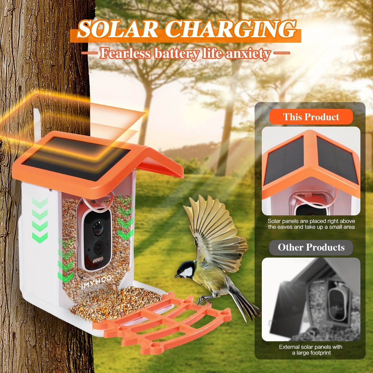 Camera Bird Feeder With AI Recognition Solar Panel Orange Smart Birdhouse For Bird Lovers Real Time Viewing Instant Alerts Connected App