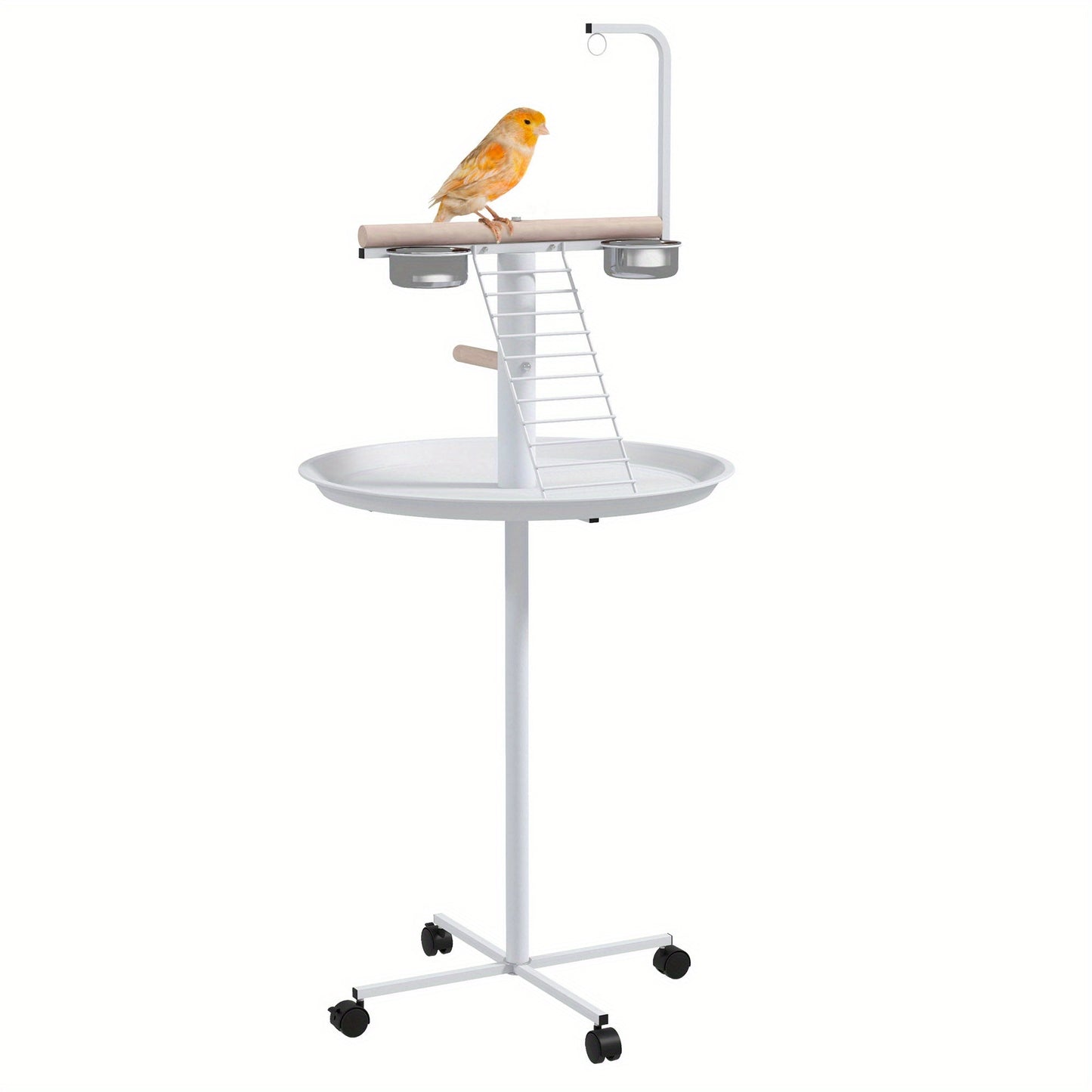 PawHut Bird Stand Parrot Stand with Wheels Perches Stainless Steel Feed Bowls Round Tray Bird Play Stand for Indoor Outdoor White