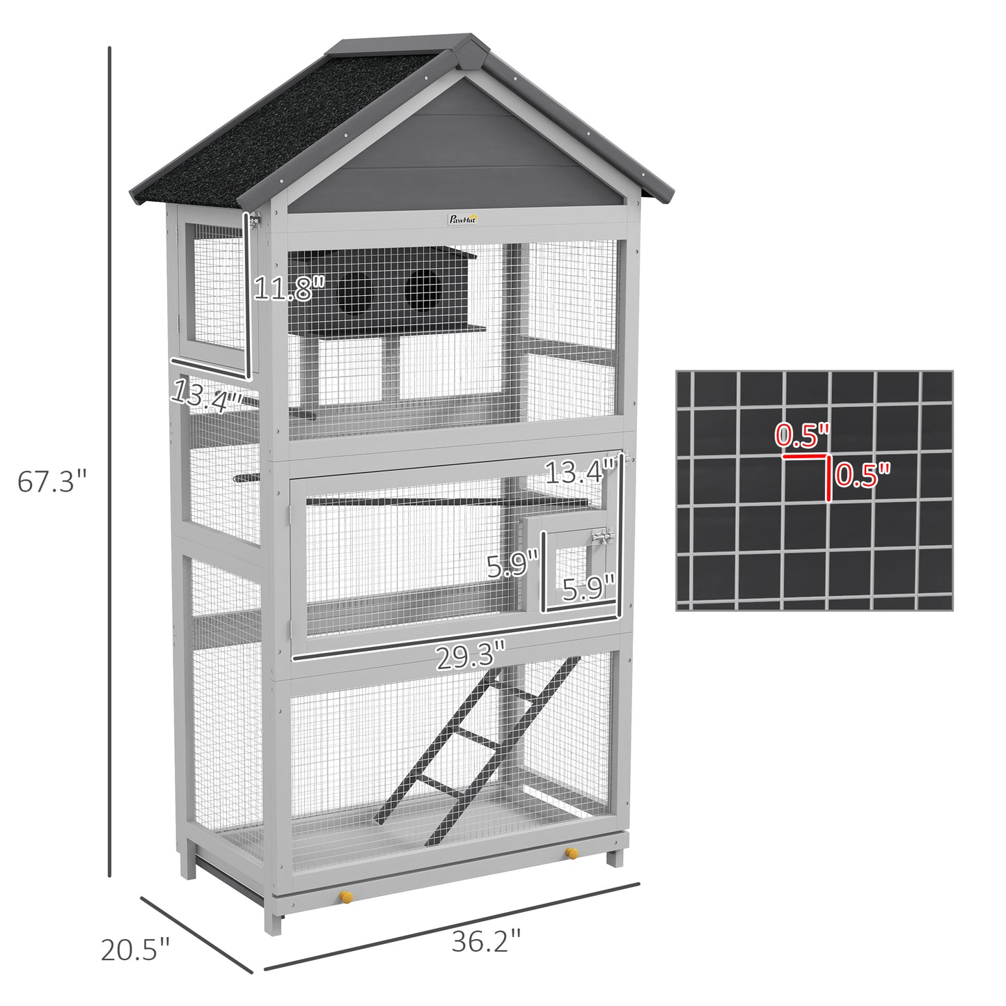 PawHut Wooden Bird Aviary 67 Inch Outdoor Bird Cage with Slide Out Tray Three Doors Birdhouse Ladder Perches for Finches Parakeets Gray