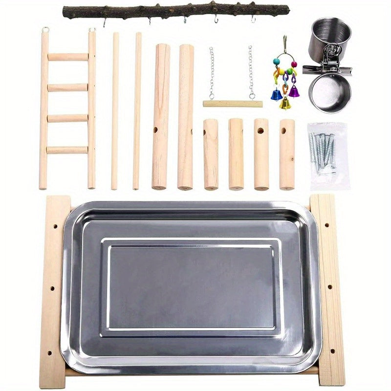 Natural Wood Parrot Playground Playstand with Ladder Swing Chew Toy and Feeder Cups Multi Level Bird Perch for Parakeets Cockatiels Lovebirds Conures and Finches Outdoor Indoor Recycled Wood Bird Gym Parrot Accessories