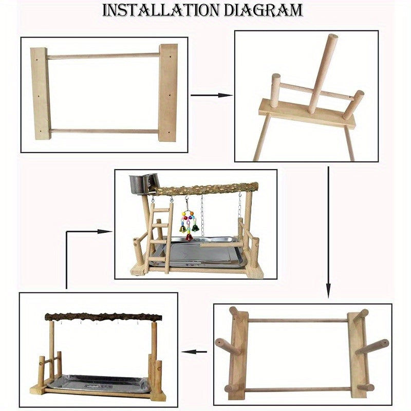 Natural Wood Parrot Playground Playstand with Ladder Swing Chew Toy and Feeder Cups Multi Level Bird Perch for Parakeets Cockatiels Lovebirds Conures and Finches Outdoor Indoor Recycled Wood Bird Gym Parrot Accessories