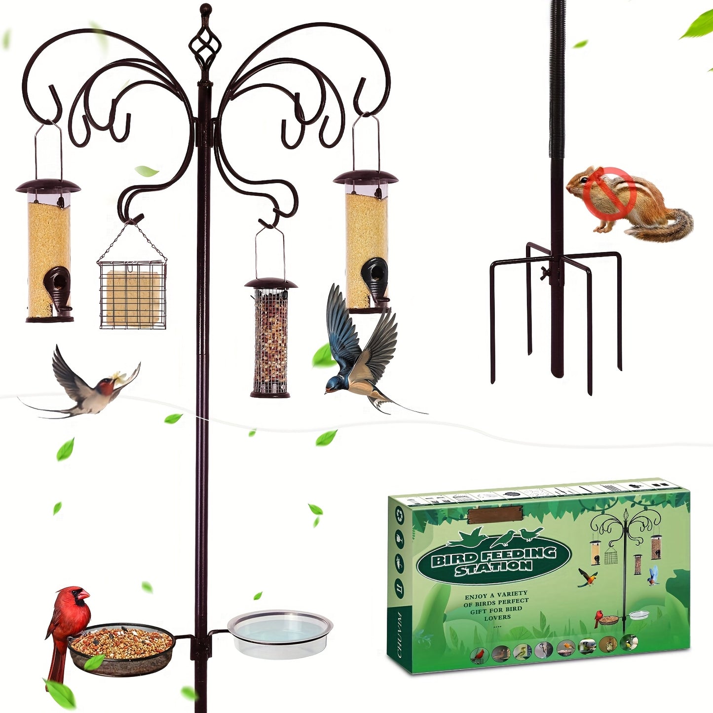 12 Hook Bird Feeder Kit Wild Bird Feeder Stand Pole with Water Bowl Mesh Tray and Squirrel Guard Baffle 94 Inch