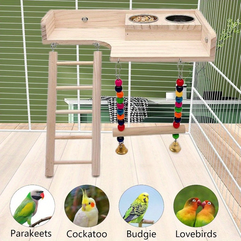 Multi Level Parrot Playground with Climbing Ladder Swing and Food Cups Heavy Duty Stainless Steel Bird Perch Platform Space Saving Cage Gym for Budgies Cockatiels Lovebirds and Finches Easy Clean Aviary Enrichment for Indoor Use