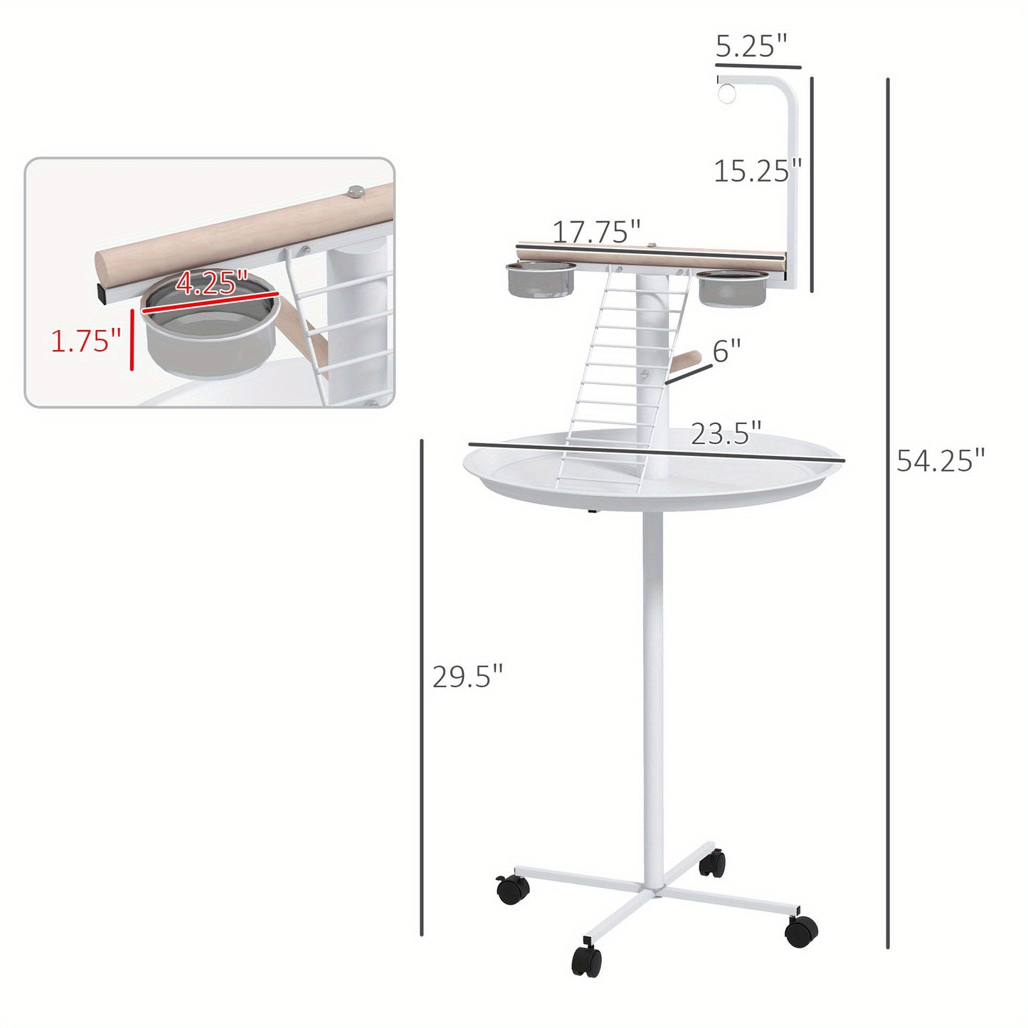 PawHut Bird Stand Parrot Stand with Wheels Perches Stainless Steel Feed Bowls Round Tray Bird Play Stand for Indoor Outdoor White