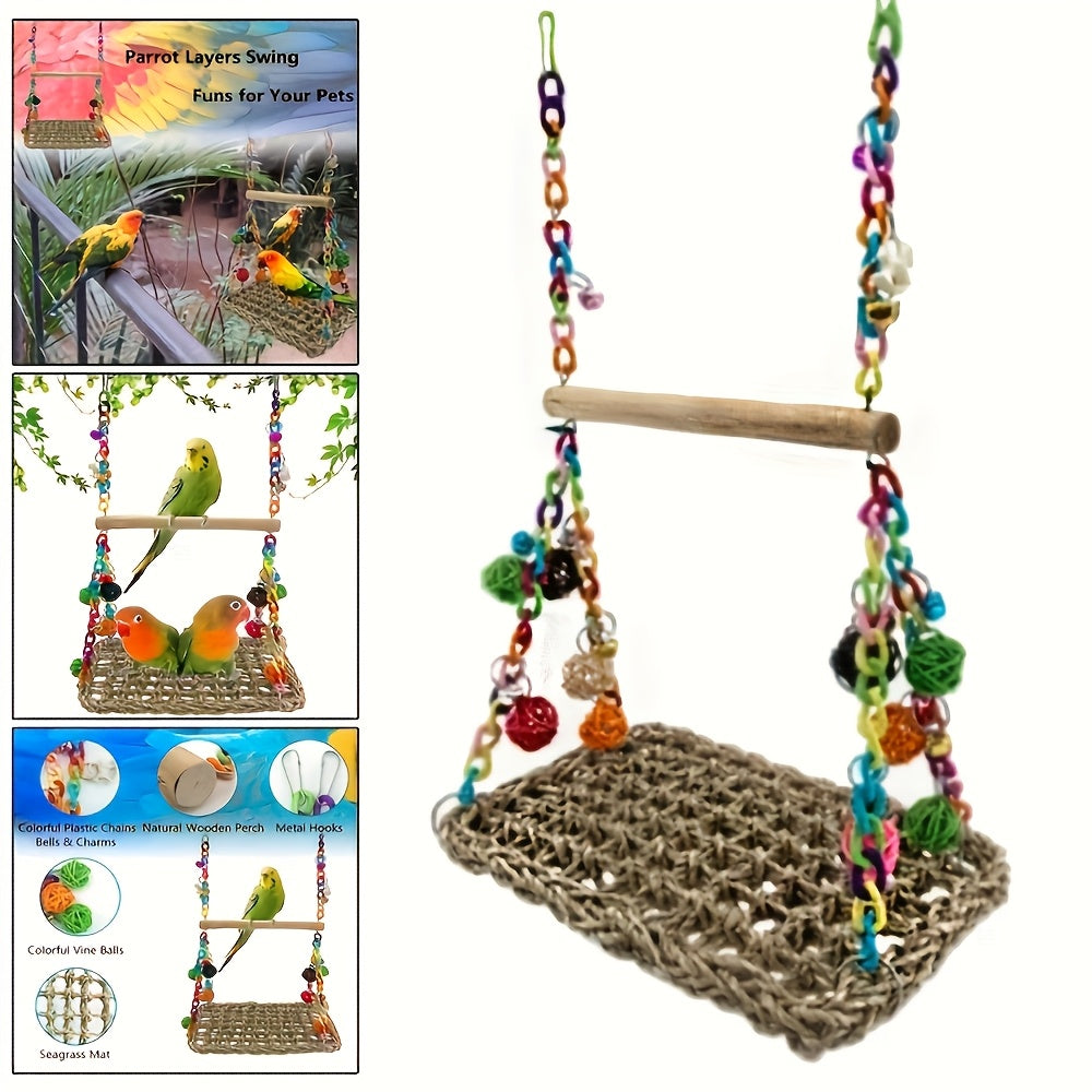 Colorful Parrot Playtime Hammock with Chewing Balls and Bells Easy Clean Acrylic Woven Perch Swing for Birds Includes Hanging Rope and Cage Accessories