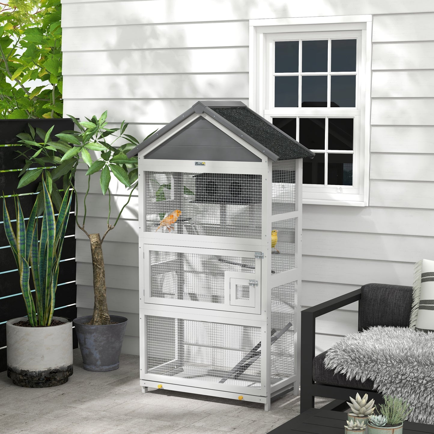 PawHut Wooden Bird Aviary 67 Inch Outdoor Bird Cage with Slide Out Tray Three Doors Birdhouse Ladder Perches for Finches Parakeets Gray