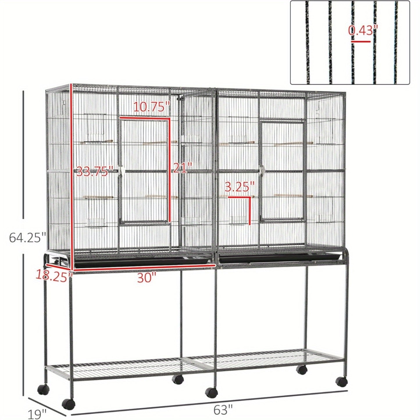 PawHut 65 Inch Double Rolling Metal Bird Cage Feeder