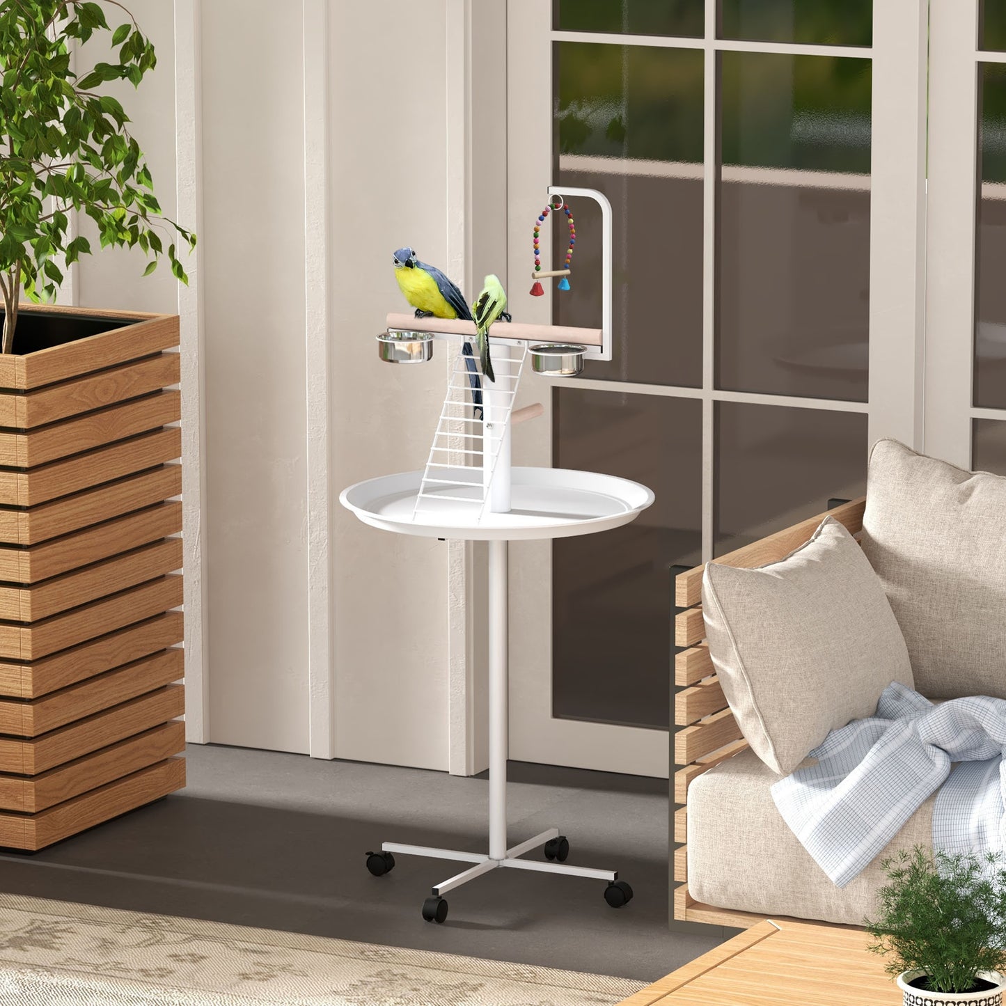 PawHut Bird Stand Parrot Stand with Wheels Perches Stainless Steel Feed Bowls Round Tray Bird Play Stand for Indoor Outdoor White