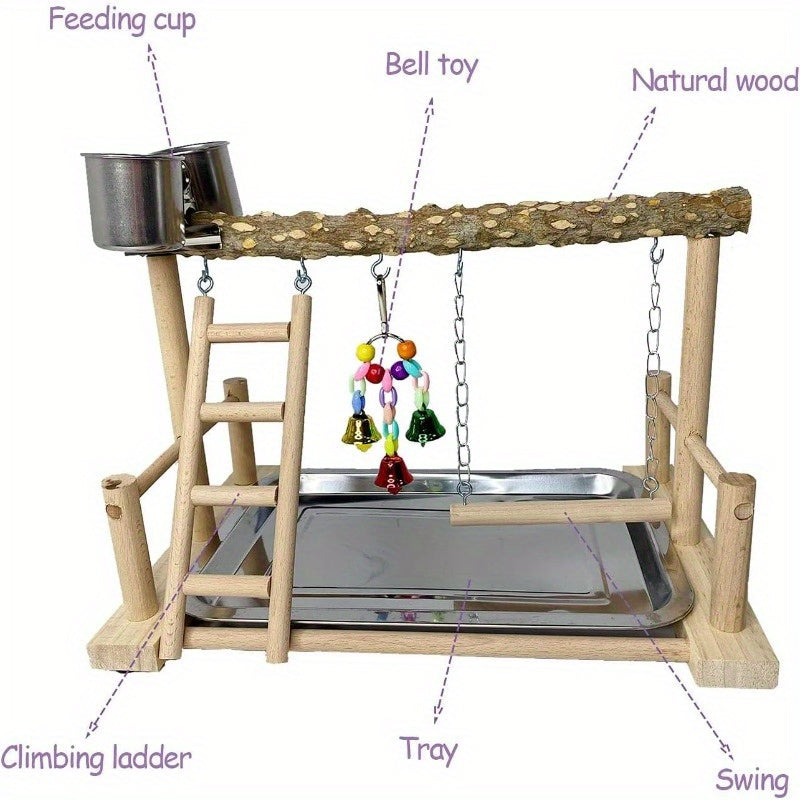 Natural Wood Parrot Playground Playstand with Ladder Swing Chew Toy and Feeder Cups Multi Level Bird Perch for Parakeets Cockatiels Lovebirds Conures and Finches Outdoor Indoor Recycled Wood Bird Gym Parrot Accessories
