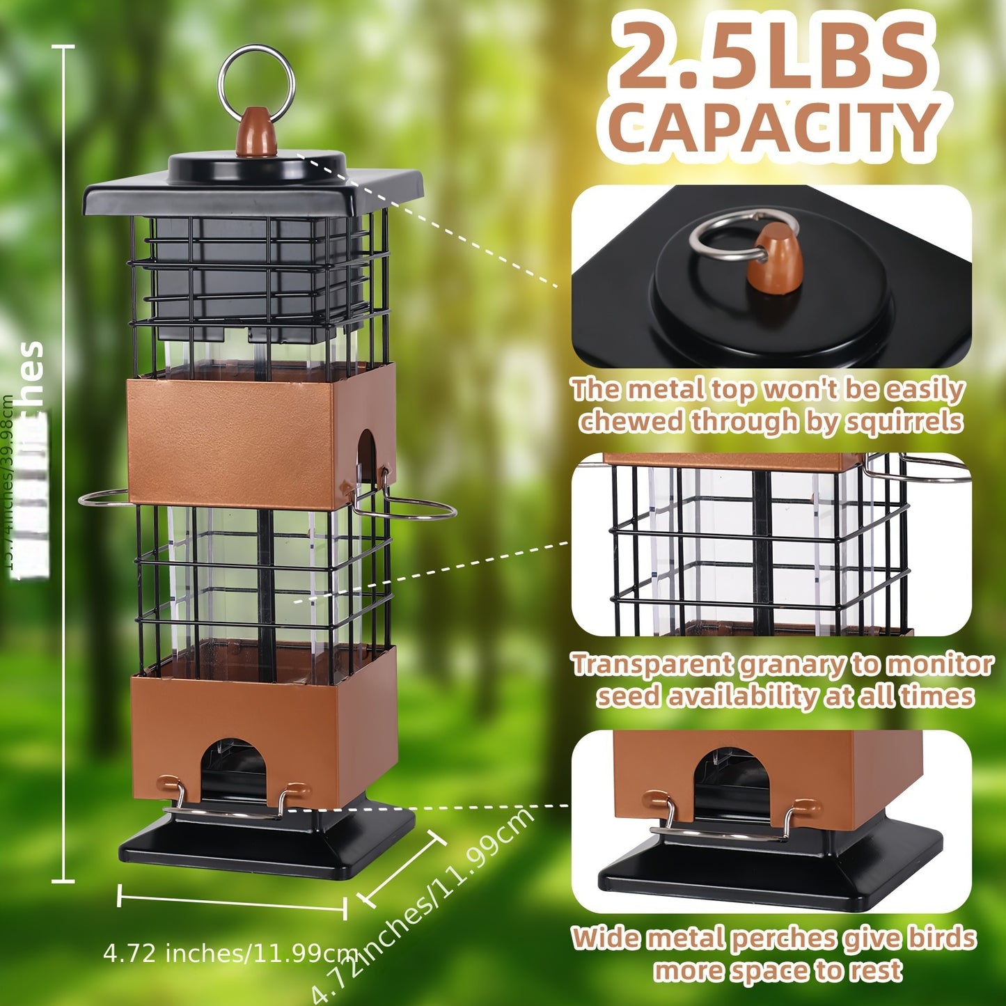 Squirrel Proof Bird Feeder for Outdoors Large Capacity Metal Hanging Feeder with Weight Activated Design Weather Resistant Construction Easy Hang Chains for Wild Birds