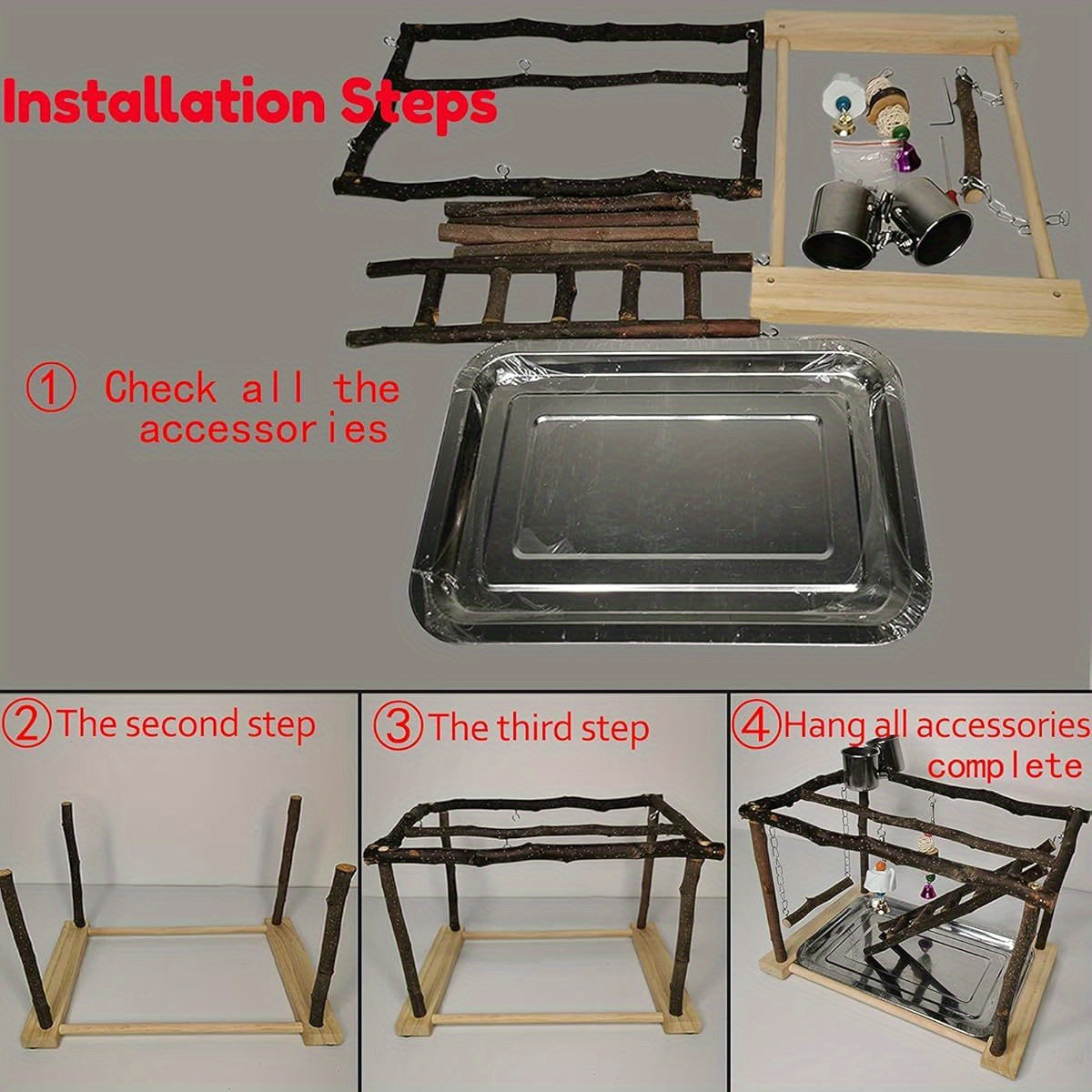 Parrots Playstand Bird Play Gym Stainless Steel and Wood Exercise Activity Center with Swings Ladders Chewing Toys Feeding Cups and Perch Stand for Conure Cockatiel Lovebirds Interactive Bird Playground for Mental and Physical Stimulation