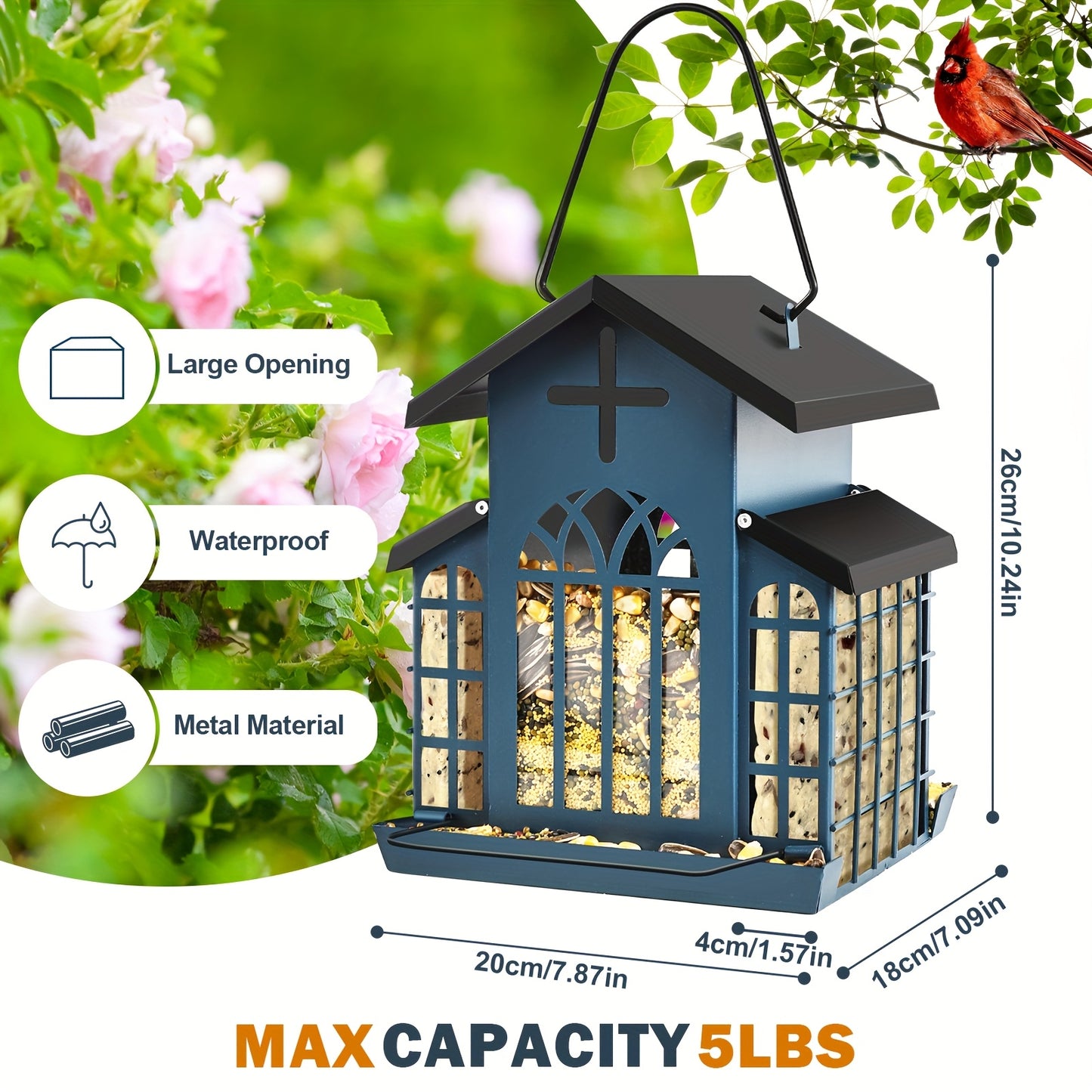 Metal Bird Feeder With 3 Mesh Side Cages Large Capacity Outdoor Hanging Feeder For Cardinals Finches Chickadees Durable Weather Resistant Design