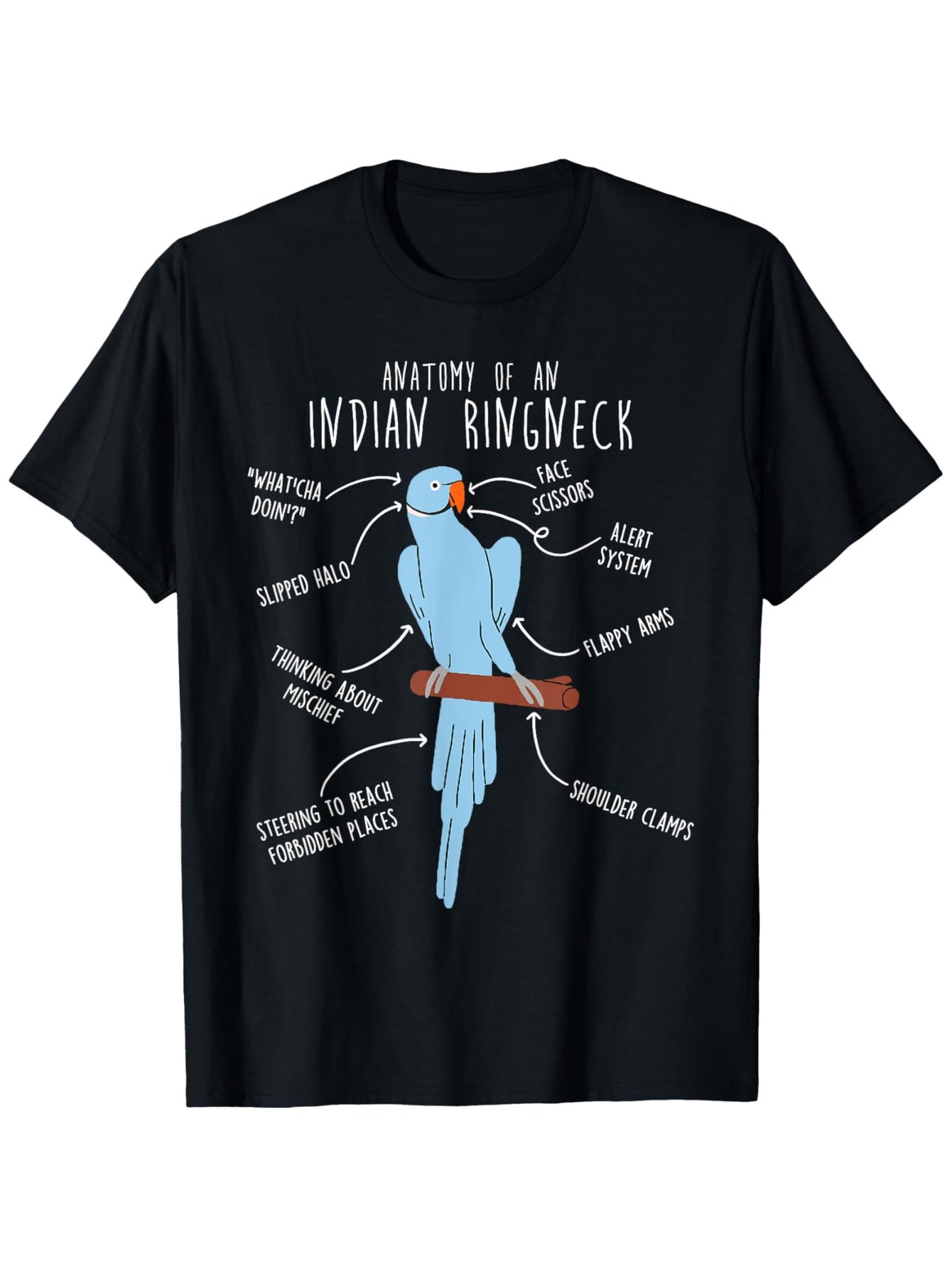 Indian Ringneck Parrot Anatomy Funny Cute Pet T-Shirt 100 Percent Cotton Round Neck Black Sizes S to XXXL Ideal Gift for Men and Women