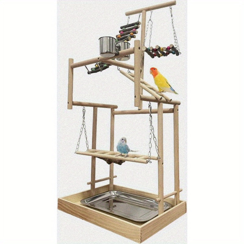 4-Tier Large Bird Playground 32" H Natural Wood Parrot Playstand