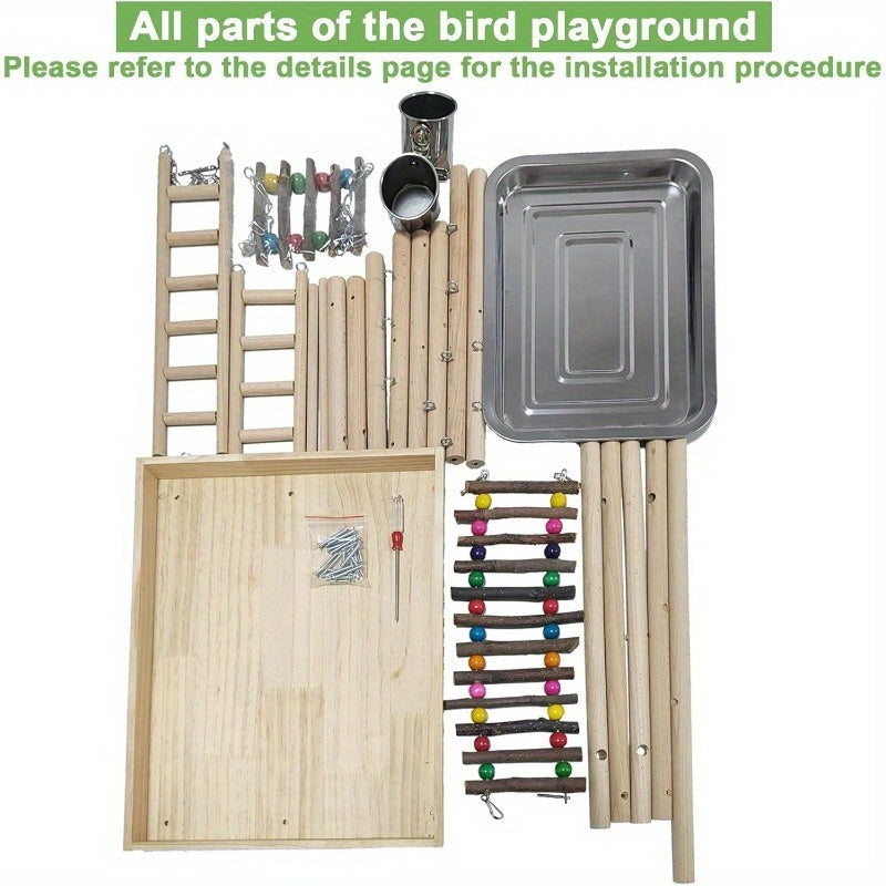 4-Tier Large Bird Playground 32" H Natural Wood Parrot Playstand