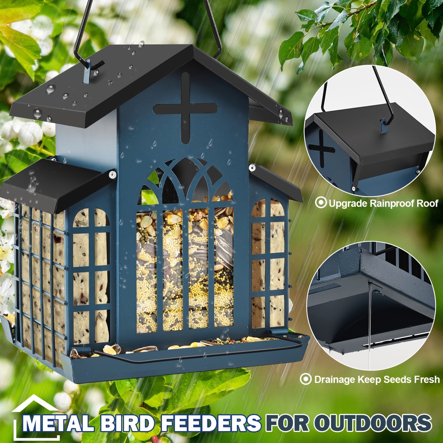 Metal Bird Feeder With 3 Mesh Side Cages Large Capacity Outdoor Hanging Feeder For Cardinals Finches Chickadees Durable Weather Resistant Design