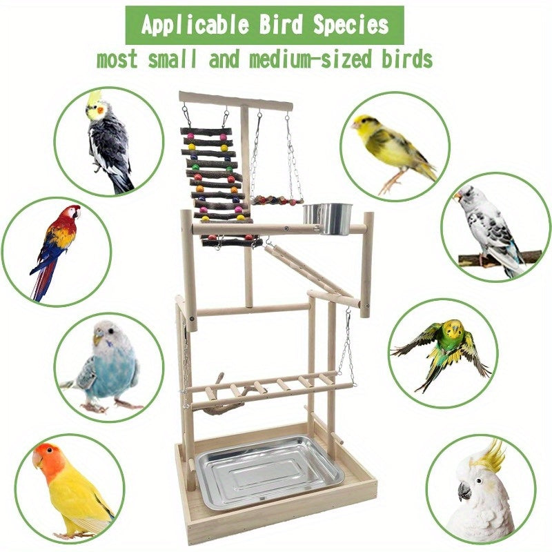 4-Tier Large Bird Playground 32" H Natural Wood Parrot Playstand