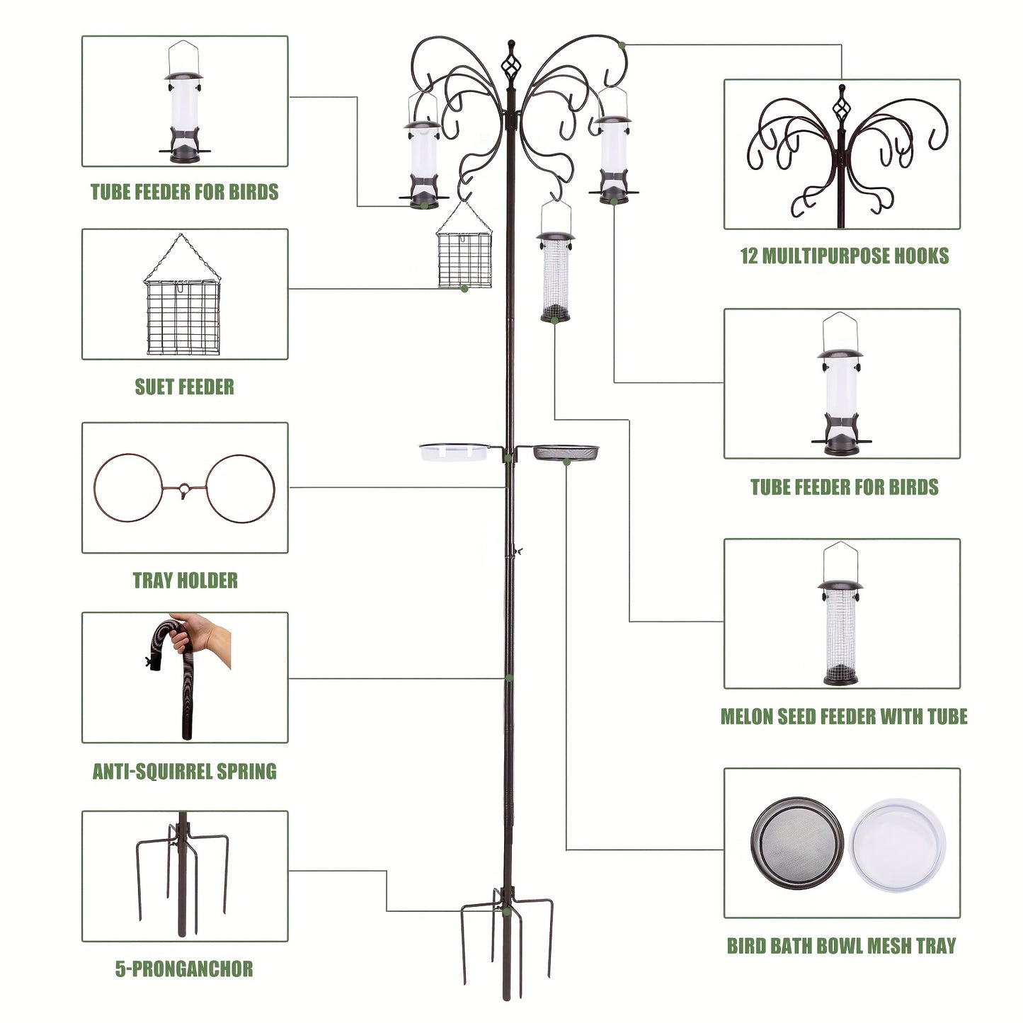 12 Hook Bird Feeder Kit Wild Bird Feeder Stand Pole with Water Bowl Mesh Tray and Squirrel Guard Baffle 94 Inch