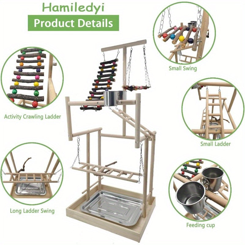 Extra Large 4-Tier Natural Wood Bird Playground with Tray