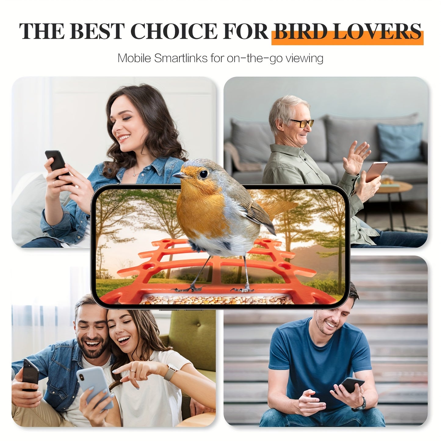 Camera Bird Feeder With AI Recognition Solar Panel Orange Smart Birdhouse For Bird Lovers Real Time Viewing Instant Alerts Connected App