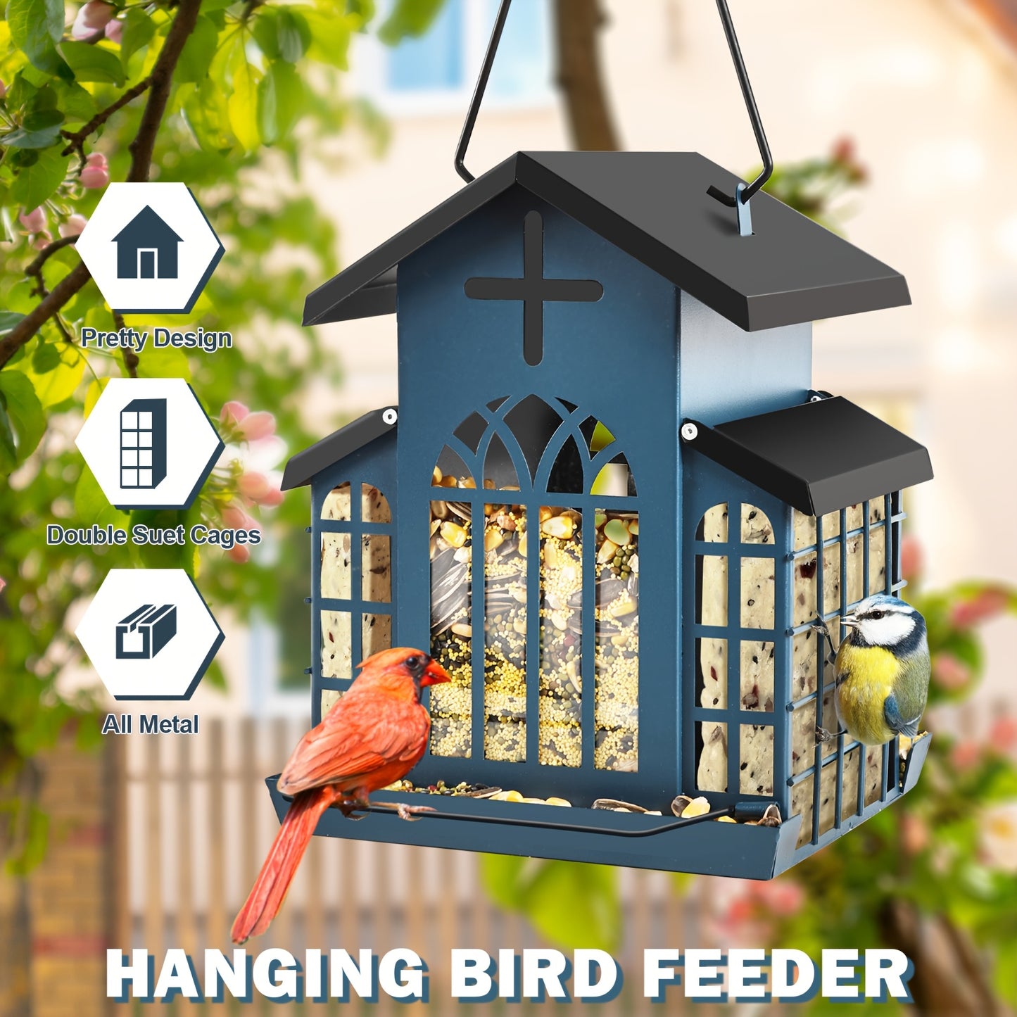 Metal Bird Feeder With 3 Mesh Side Cages Large Capacity Outdoor Hanging Feeder For Cardinals Finches Chickadees Durable Weather Resistant Design