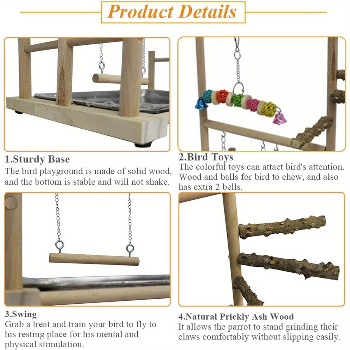 Bird Playground Parrot Perch Stand Toys Wood Play Gym Activity Center Exercise Playpen Ladder Swing with Feeder Cups Chewing Toy and Tray