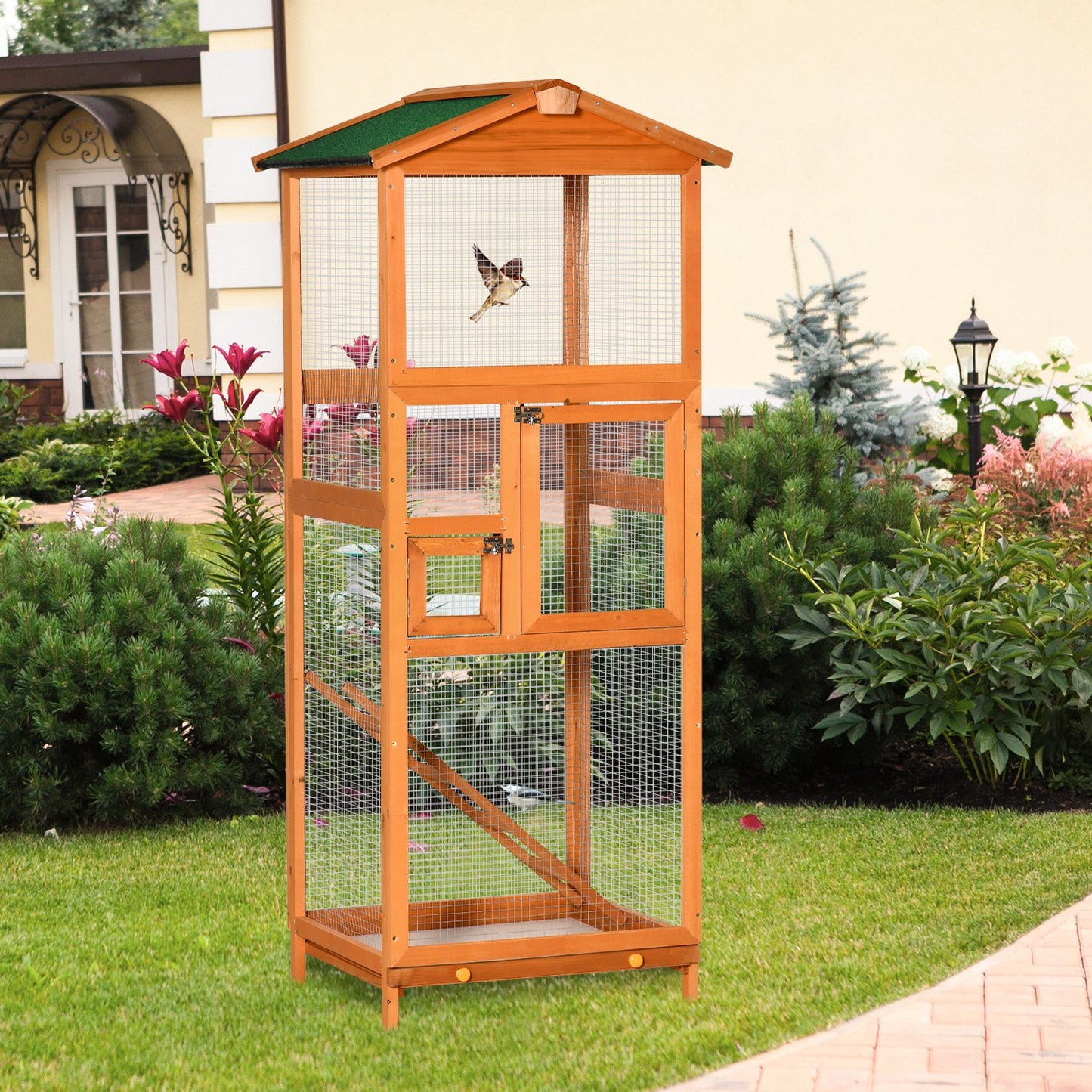 PawHut 65" Wooden Bird Cage Outdoor Aviary House Orange
