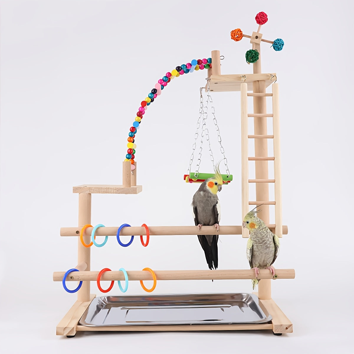 Deluxe Recycled Wood Parrot Play Stand with Swing Ladder Climbing Bridge and Colorful Hanging Toys