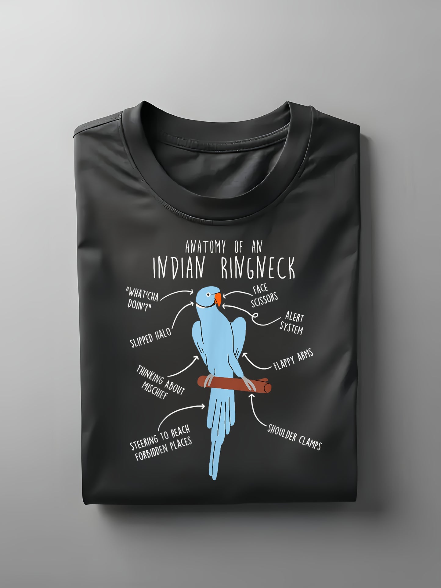 Indian Ringneck Parrot Anatomy Funny Cute Pet T-Shirt 100 Percent Cotton Round Neck Black Sizes S to XXXL Ideal Gift for Men and Women
