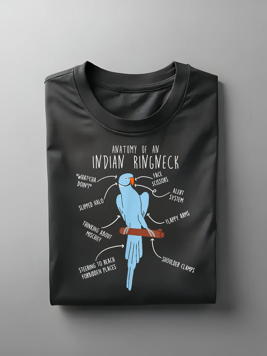 Indian Ringneck Parrot Anatomy Funny Cute Pet T-Shirt 100 Percent Cotton Round Neck Black Sizes S to XXXL Ideal Gift for Men and Women