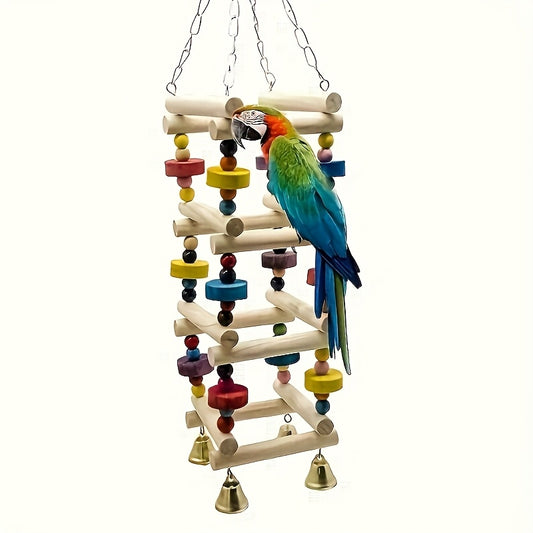Wooden Parrot Ladder Swing Toy With Bell