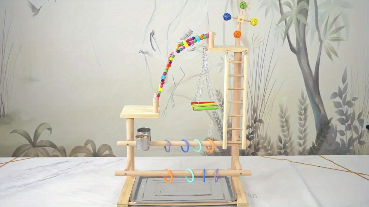 Deluxe Wooden Parrot Play Stand With Swing Ladder Rings And Climbing Bridge Multifunctional Bird Perch Toy For Climbing Swinging And Play Natural Wood Finish Colorful Hanging Toys Sturdy Design For Active Birds