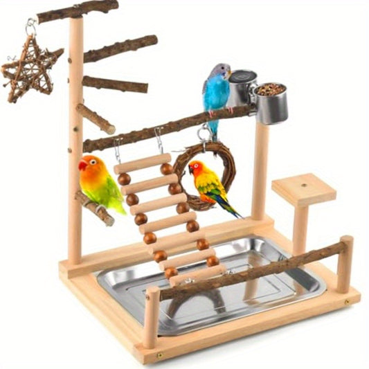 Natural Wooden Bird Playground with Rotating Perches Swing Ladder Removable Tray Stainless Steel Cups Chew Toy for Parakeets Conures Cockatiels Easy Assembly Portable Bird Cage Accessory