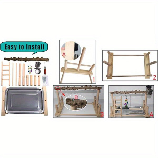 Natural Wood Parrot Playground Activity Center with Ladder Hanging Swing Feeder Cups and Chew Toys Exercise Gym for Cockatiels Conures and Lovebirds Bird Perch Training Stand for Mental Stimulation and Physical Activity