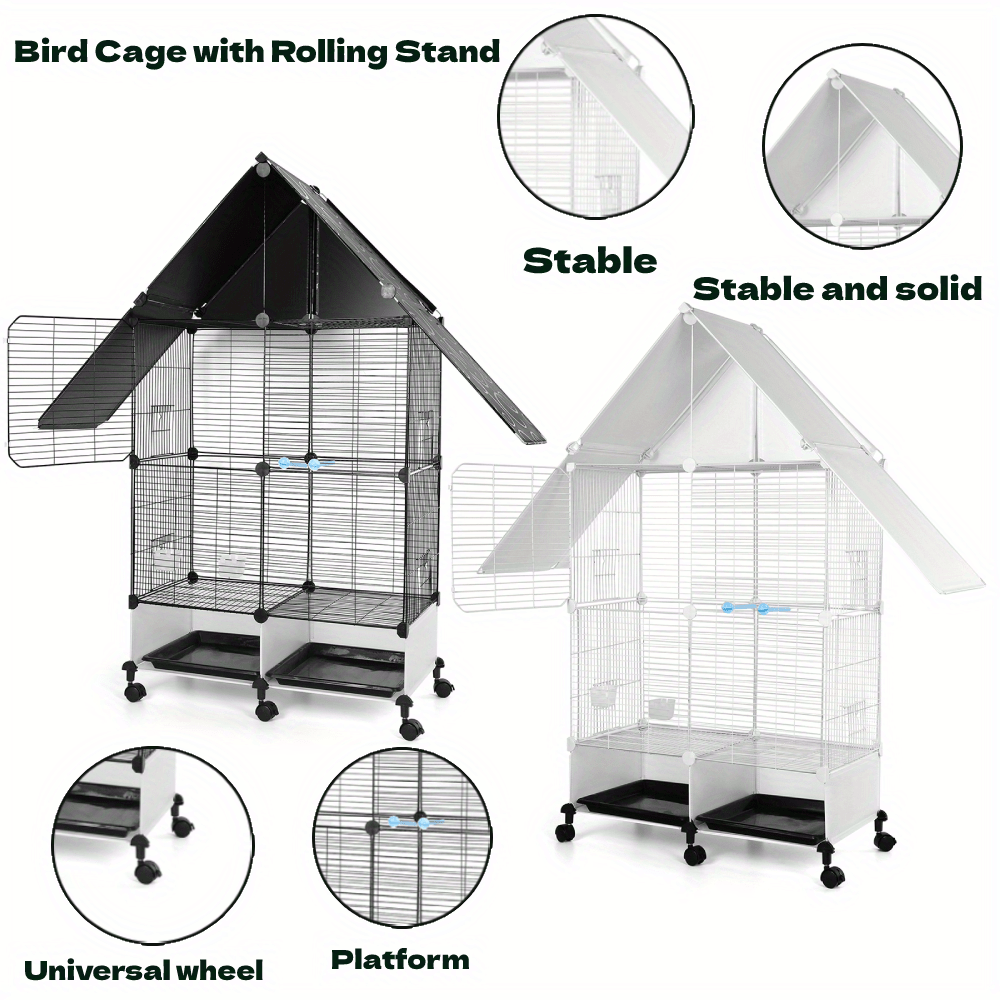 2 Tier Rolling Bird Cage Villa with Lockable Stand Sturdy Iron Construction White and Black Multi Level Design for Canaries Finches Budgies Lovebirds Parakeets and Cockatiels